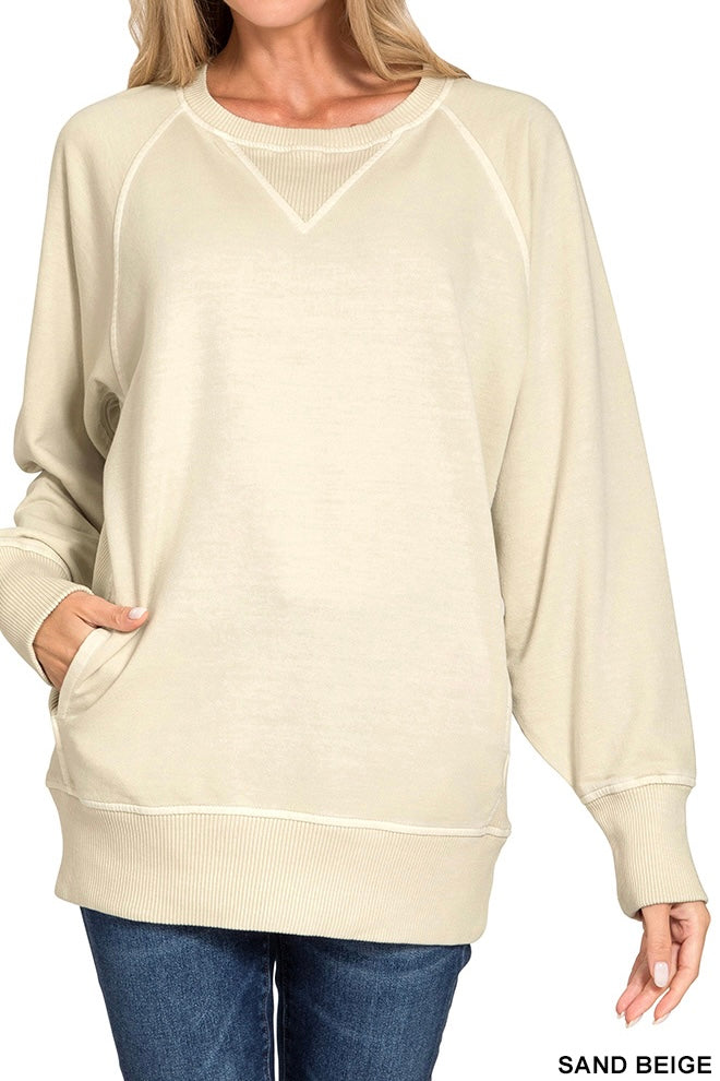 Zenana Pigment Dyed French Terry Ribbed Panel Pocket Pullover
