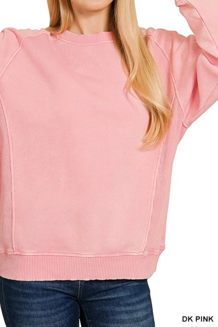 Acid Wash Ribbed Side Inset Fleece Sweatshirt