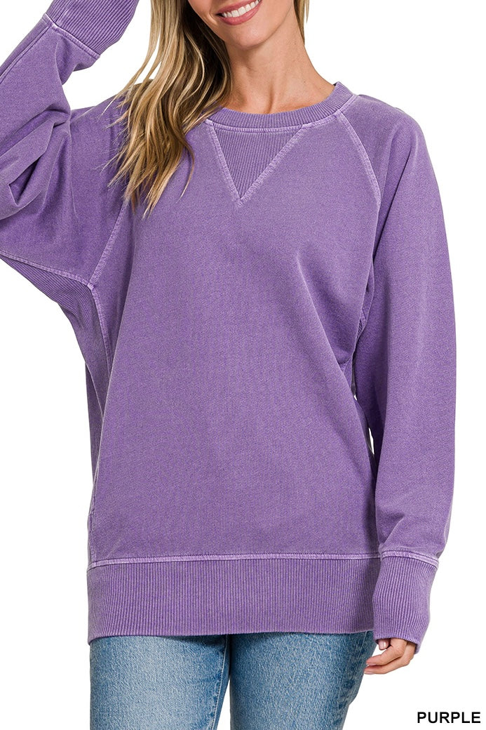 Zenana Pigment Dyed French Terry Ribbed Panel Pocket Pullover