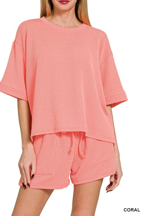 Raised Ribbed Half Sleeve Drawstring Shorts Set