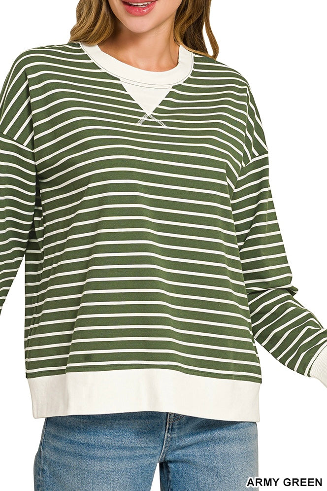 Zenana Long Sleeve Stripe V-Patch Banded Pullover