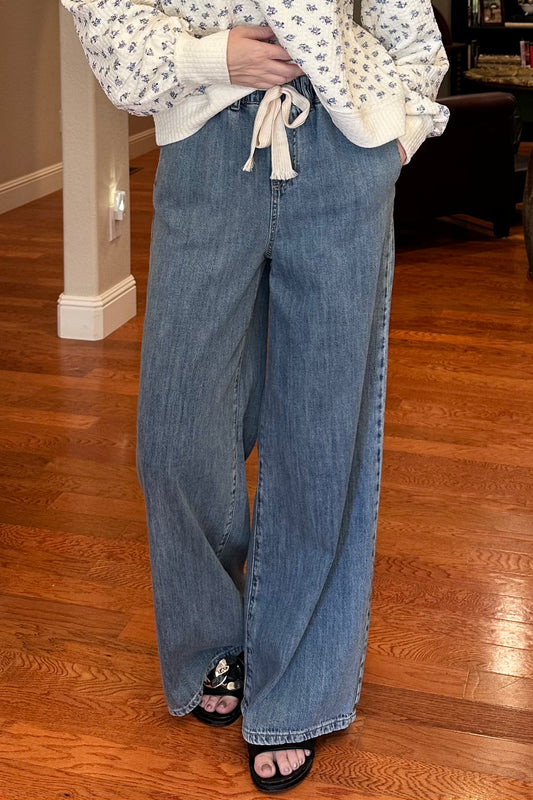 Wide Leg Elastic Drawstring Chambray Pants