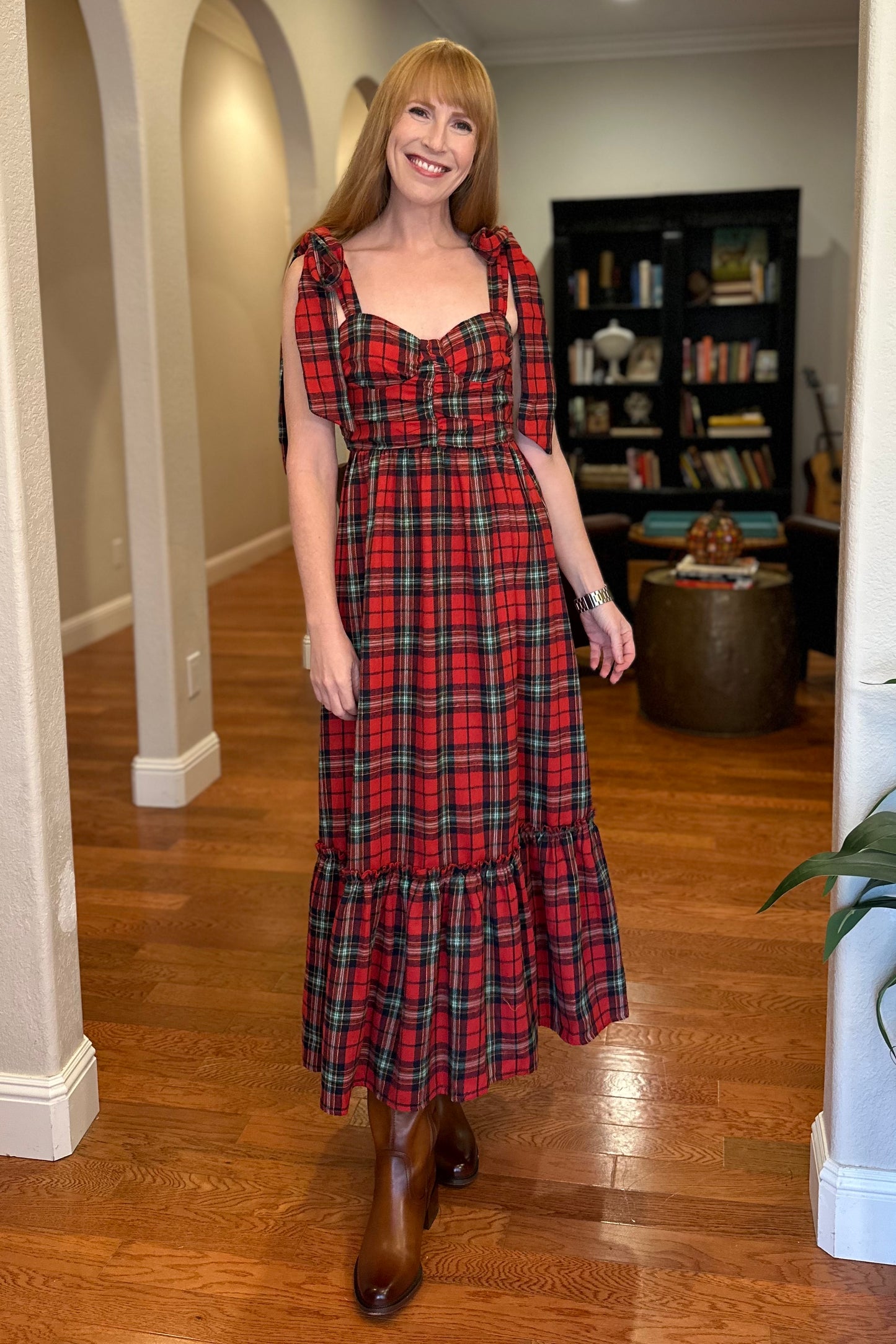 Shoulder Tie Plaid Flannel Midi Dress