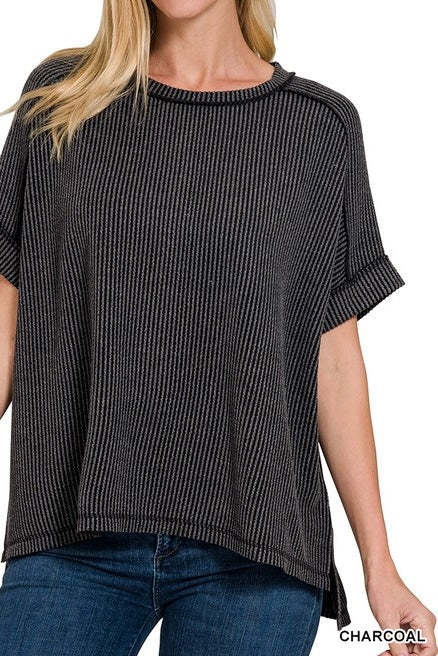 Ribbed Short Sleeve Raw Edge Raglan