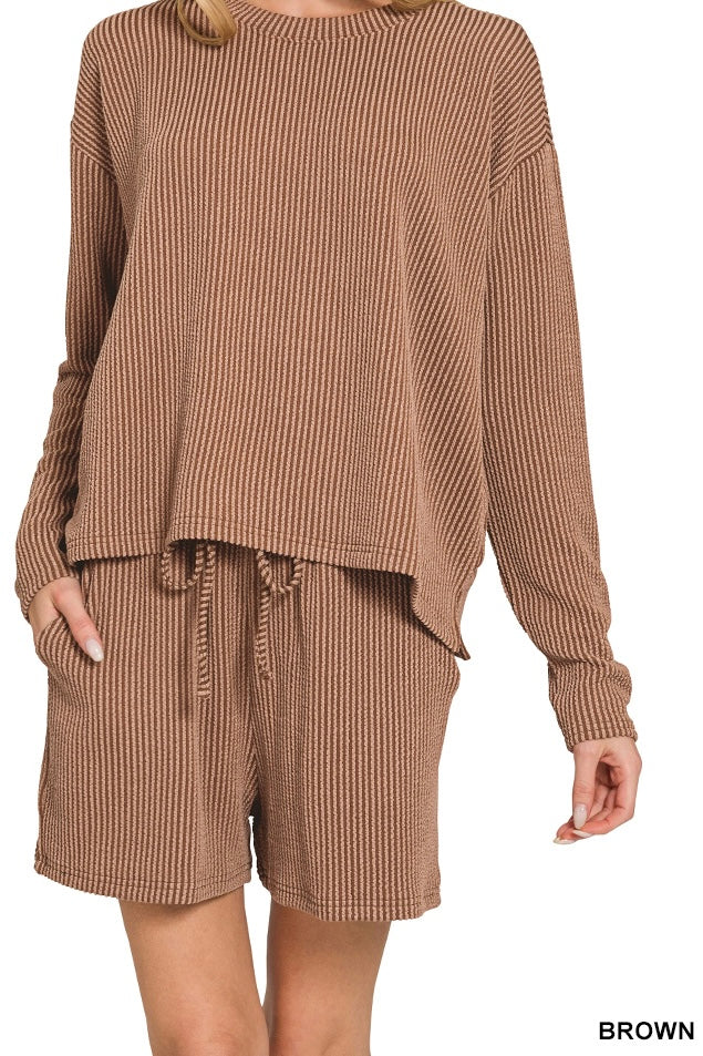 Zenana Ribbed Long Sleeve Shorts Set
