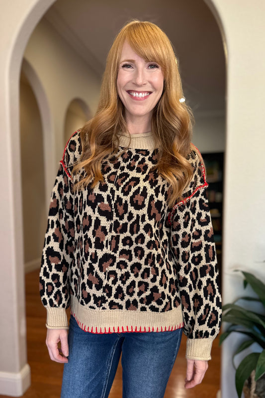 Leopard Blanket Stitch Relaxed Sweater