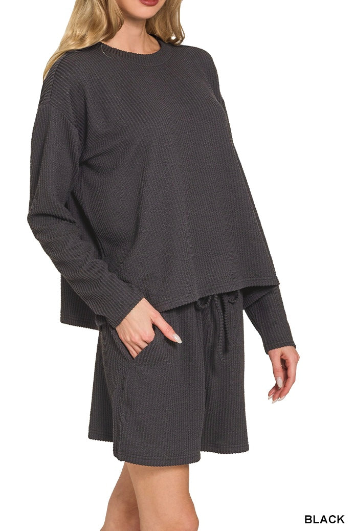 Zenana Ribbed Long Sleeve Shorts Set