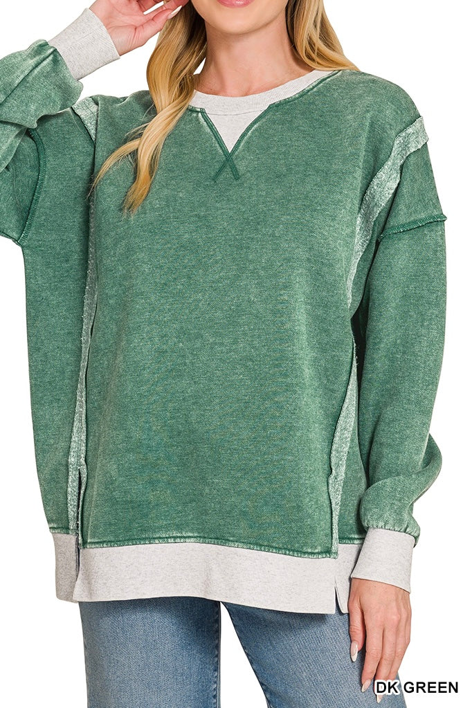 Zenana Acid Wash Fleece Contrast Trim Pullover