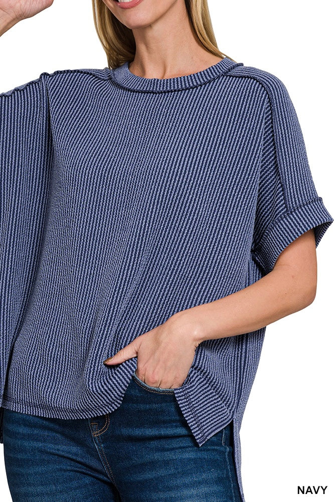 Zenana Short Sleeve Raised Ribbed Crew Neck Top