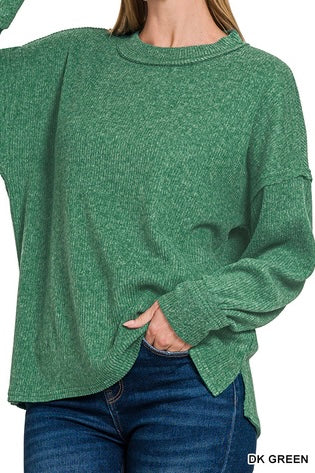 Brushed Ribbed Reverse Seam Drop Shoulder Top