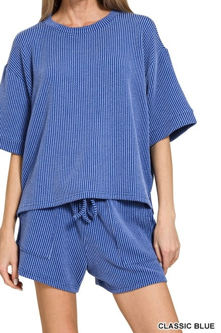 Raised Ribbed Half Sleeve Drawstring Shorts Set