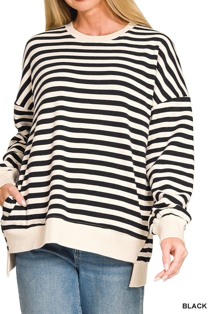 Zenana Stripe Fleece High Low Sweatshirt