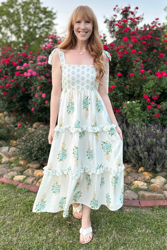 Floral Bouquet Shoulder Tie Tiered Dress