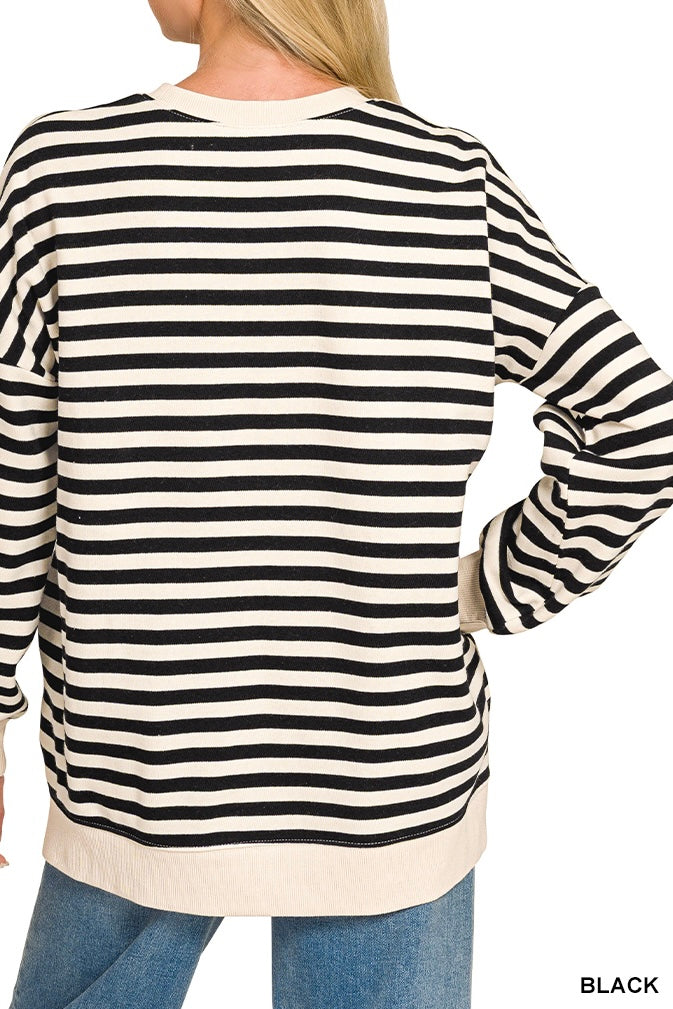 Zenana Stripe Fleece High Low Sweatshirt