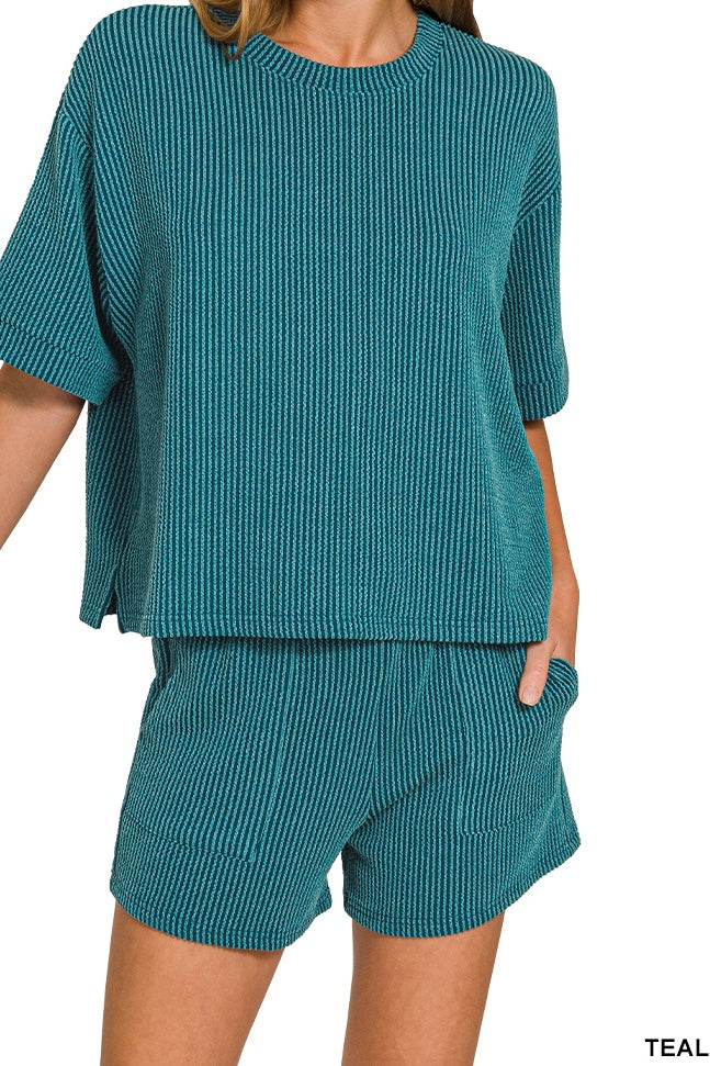 Zenana Raised Ribbed Half Sleeve Drawstring Shorts Set