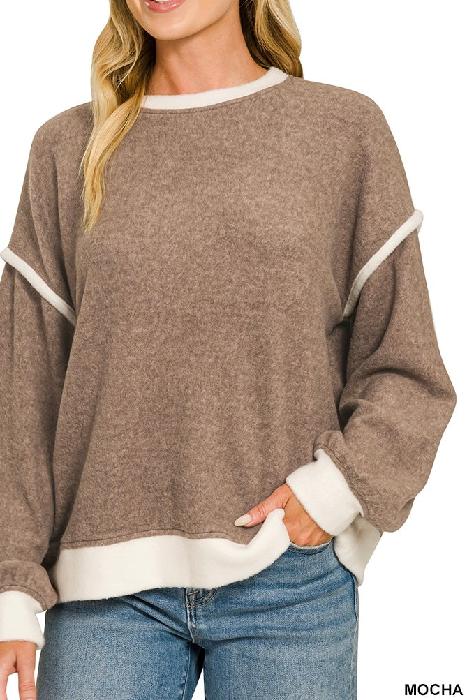 Zenana Brushed Contrast Trim Pullover