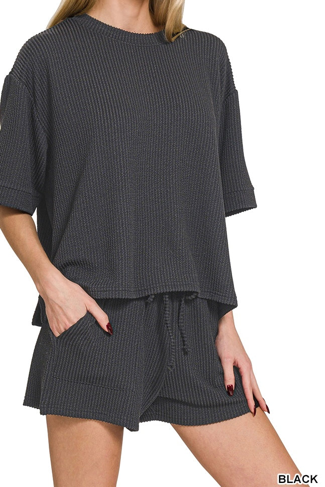 Zenana Raised Ribbed Half Sleeve Drawstring Shorts Set