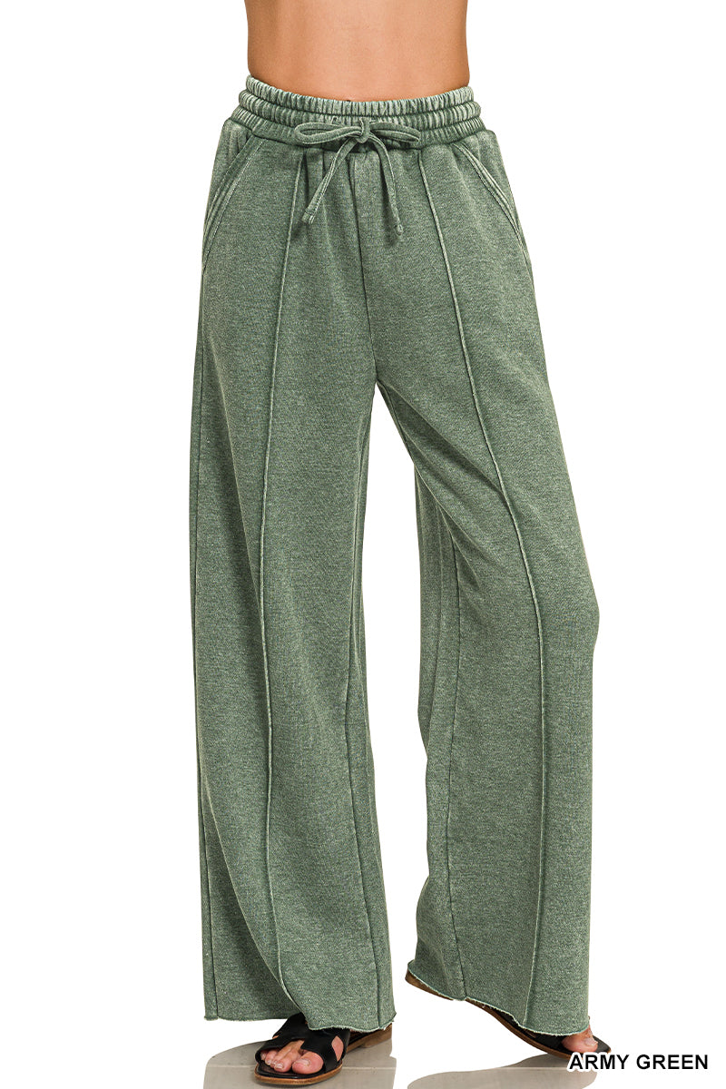 Zenana Acid Wash Pintuck Wide Leg Sweatpants