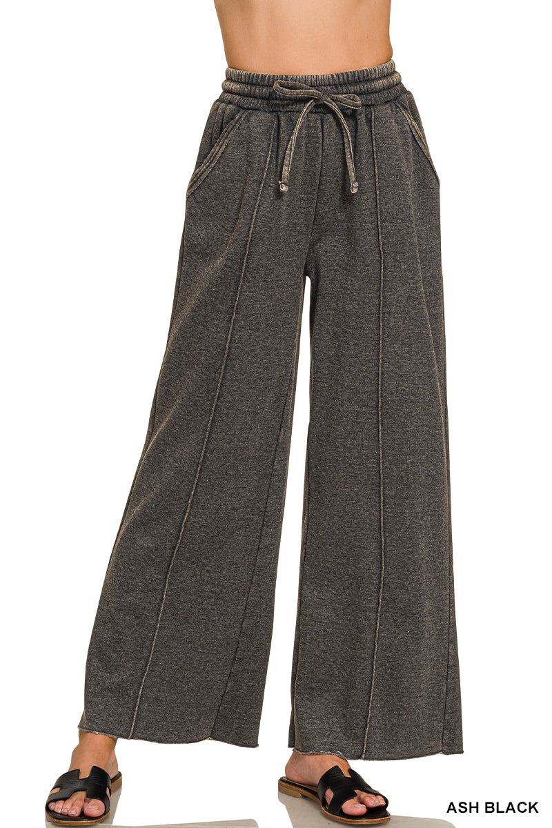 Zenana Acid Wash Pintuck Wide Leg Sweatpants