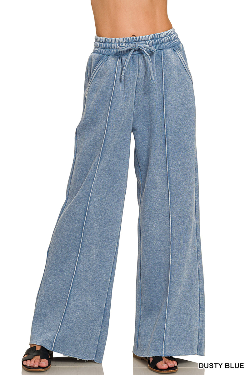 Zenana Acid Wash Pintuck Wide Leg Sweatpants
