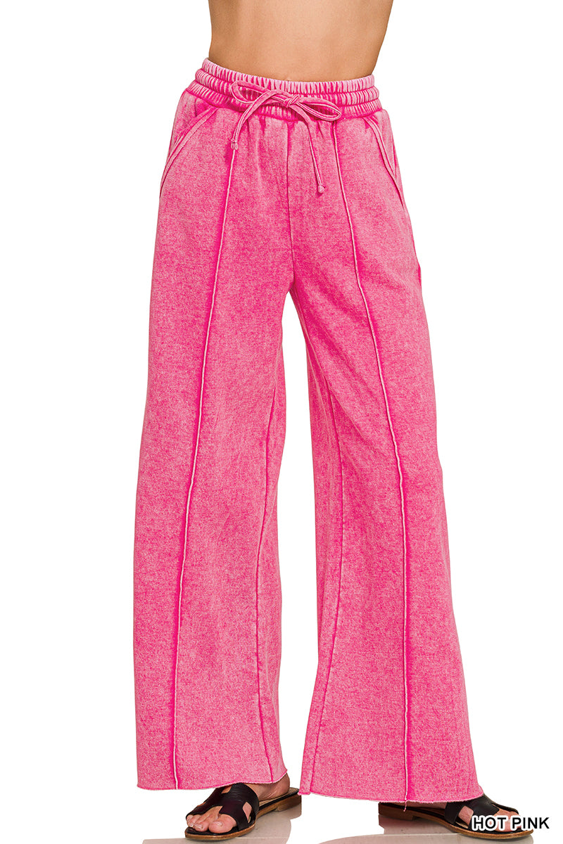 Zenana Acid Wash Pintuck Wide Leg Sweatpants