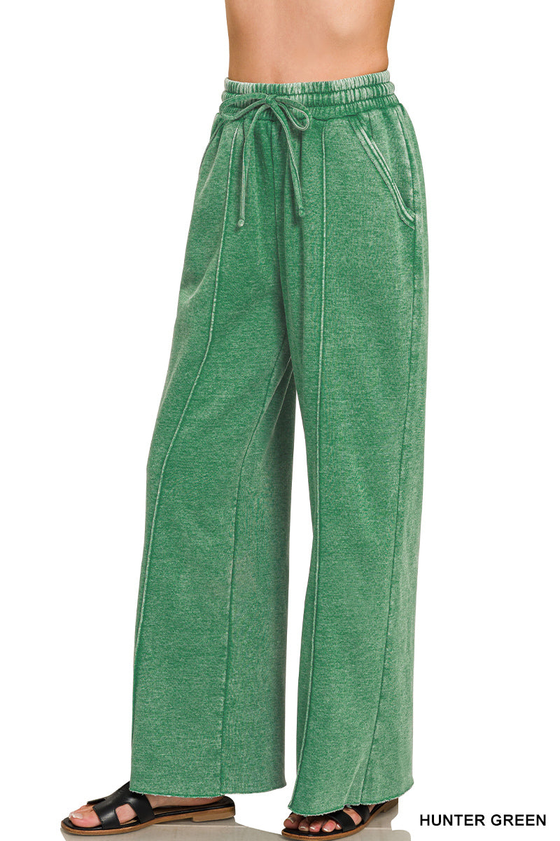 Zenana Acid Wash Pintuck Wide Leg Sweatpants