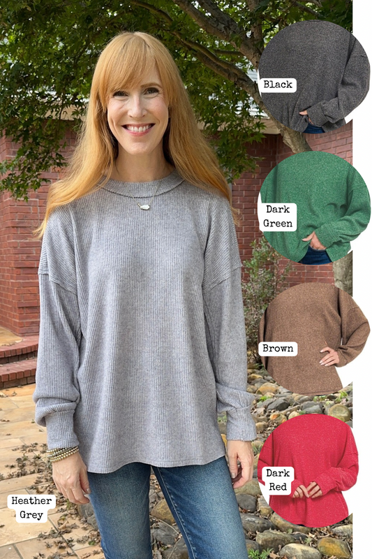 Brushed Ribbed Reverse Seam Drop Shoulder Top
