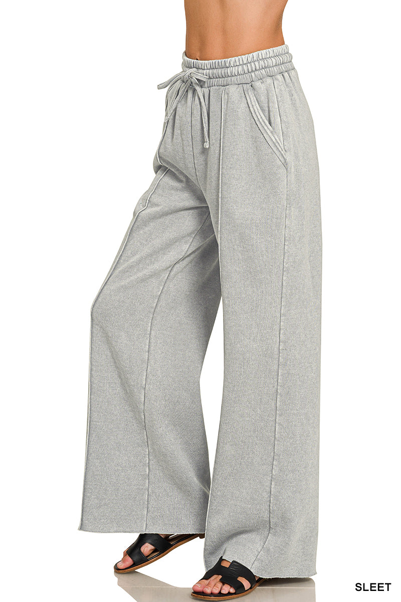 Zenana Acid Wash Pintuck Wide Leg Sweatpants