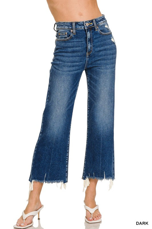 Wide Straight Leg Raw Hem Crop Jeans