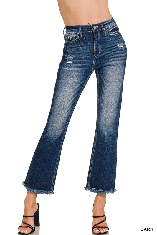 High Rise Straight Frayed Hem Cropped Jeans