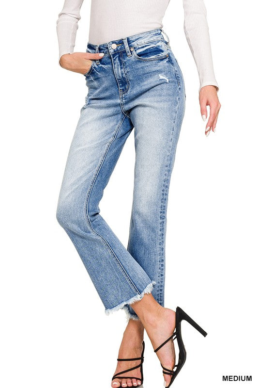High Rise Straight Frayed Hem Cropped Jeans