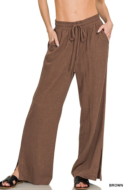 Linen Blend Wide Split Hem Pants