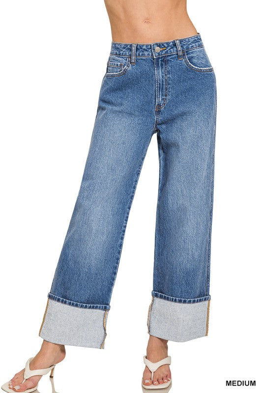 Wide Leg Cuffed Jeans