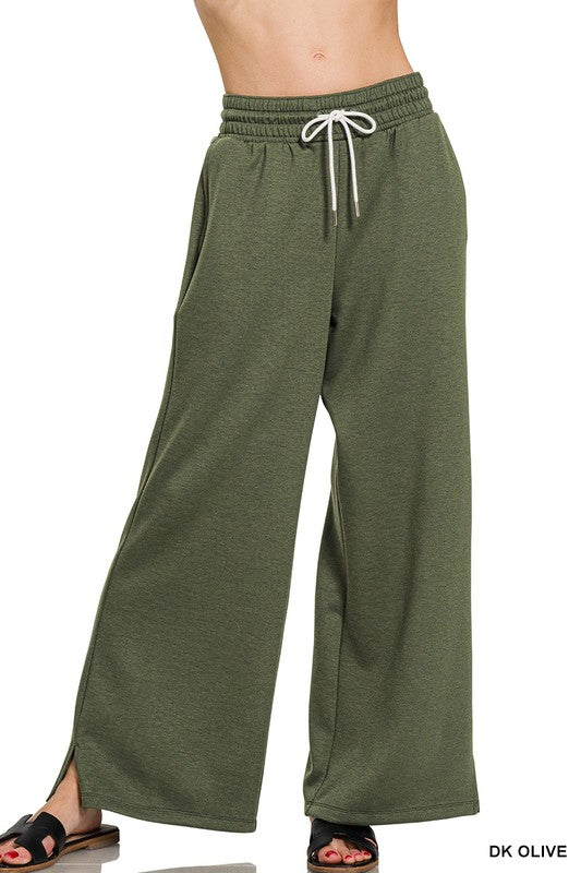 Dark Olive Scuba Crew Neck Wide Pants Set
