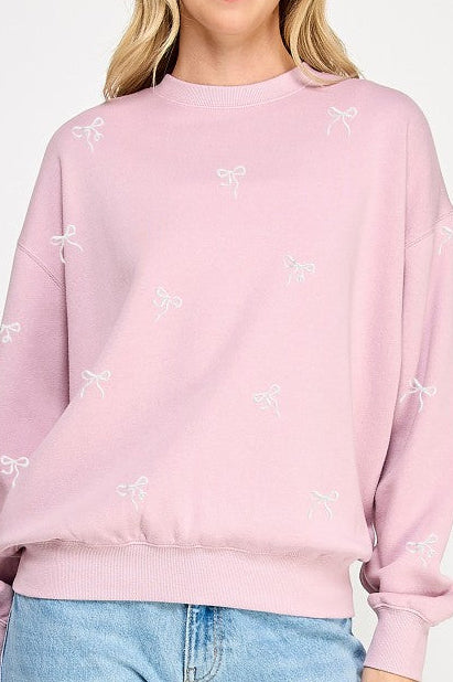 Pink Ivory Bow Embroidered Sweatshirt
