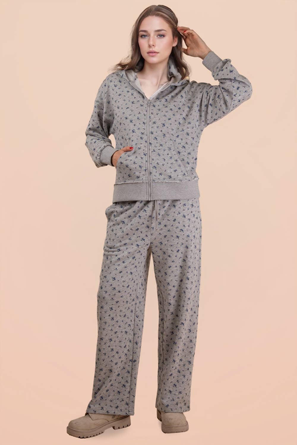 Grey Floral Printed Zip Up Casual Hoodie/Pants Set