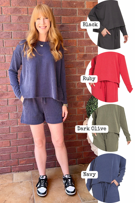 Long Sleeve Ribbed Drawstring Shorts Set