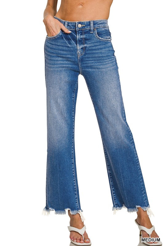 Mid-Rise Medium Wash Straight Chewed Hem Jeans