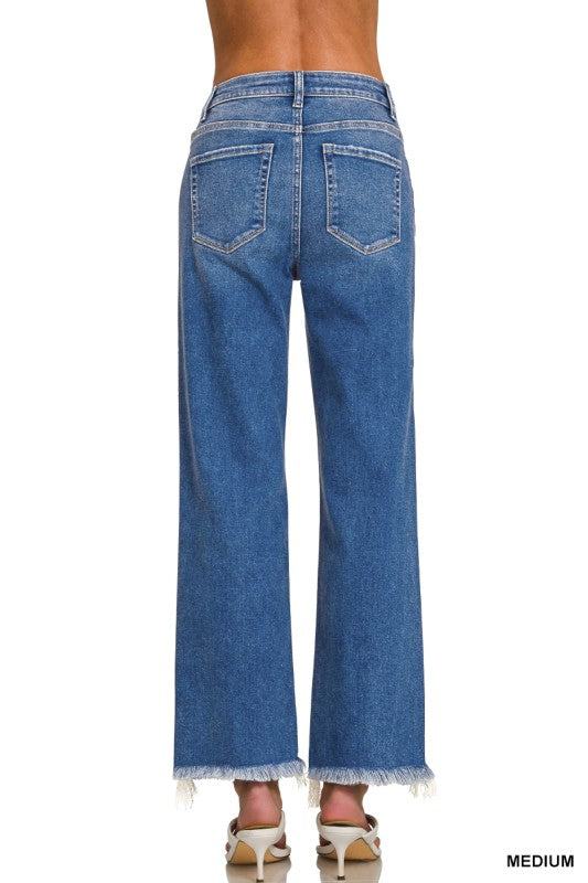 Mid-Rise Medium Wash Straight Chewed Hem Jeans