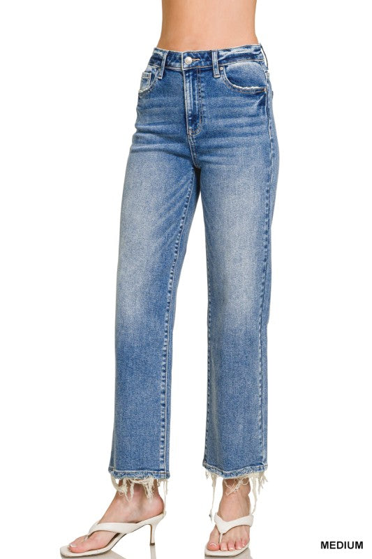 Medium Wash Straight Leg Frayed Hem Jeans