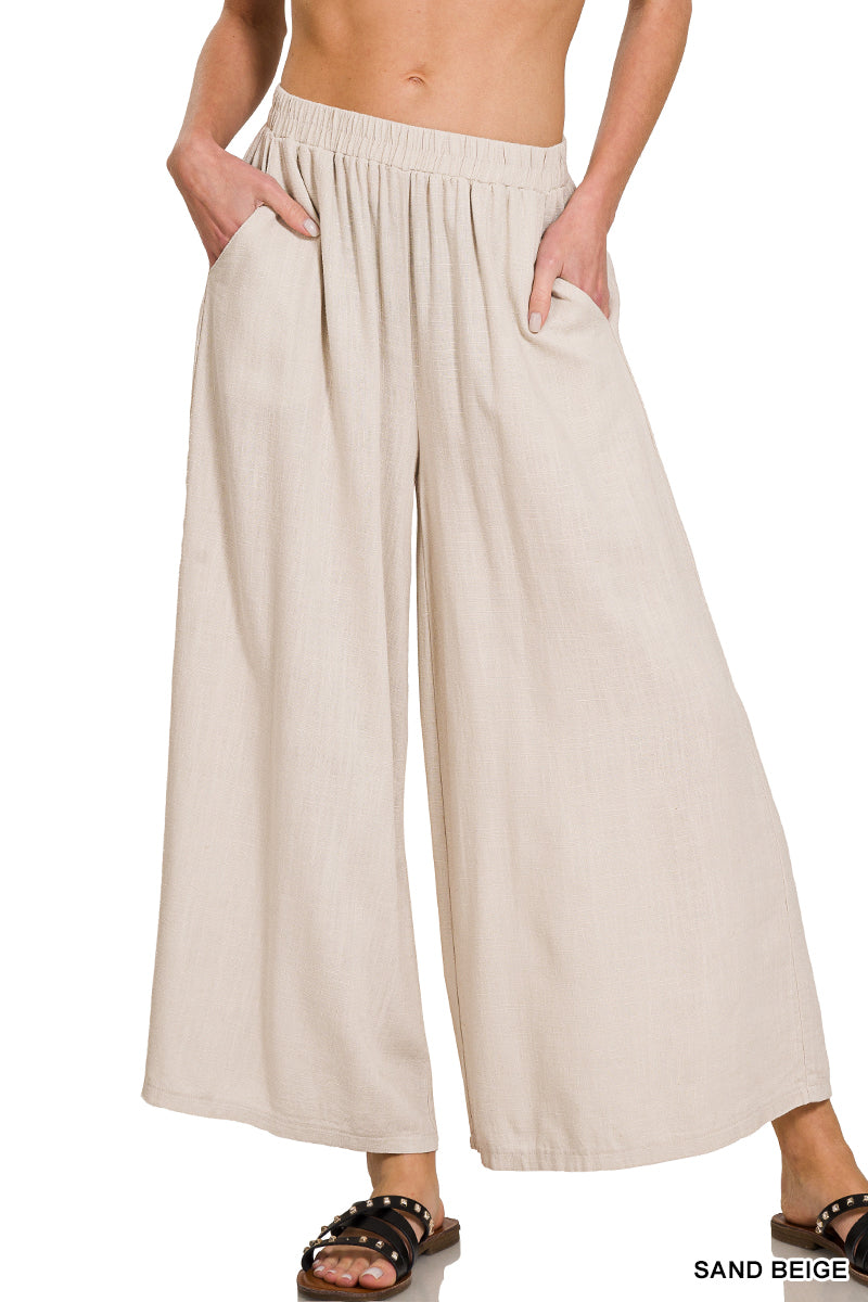 Zenana Woven Pleated Linen Blend Wide Pants