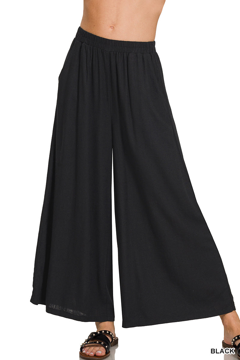 Zenana Woven Pleated Linen Blend Wide Pants