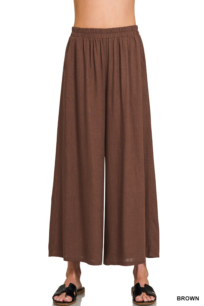 Zenana Woven Pleated Linen Blend Wide Pants