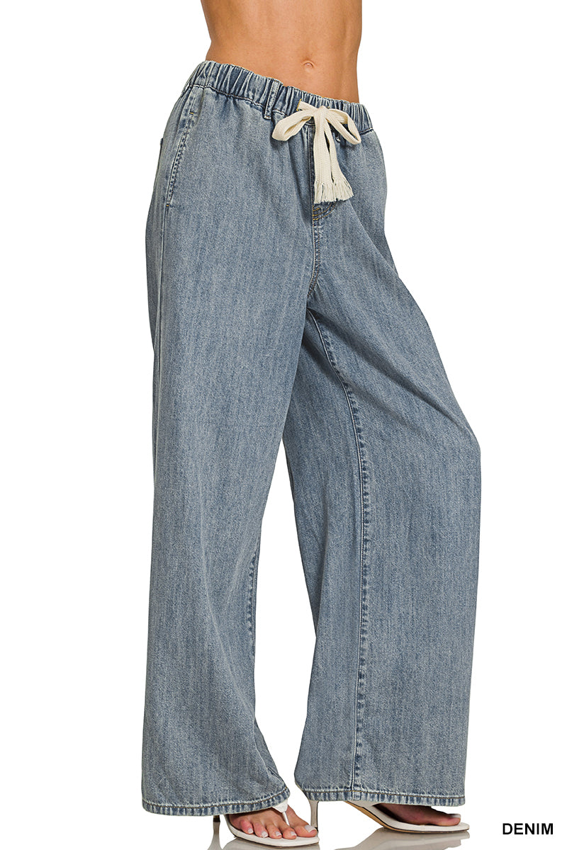 Zenana Washed Chambray Drawstring Pants