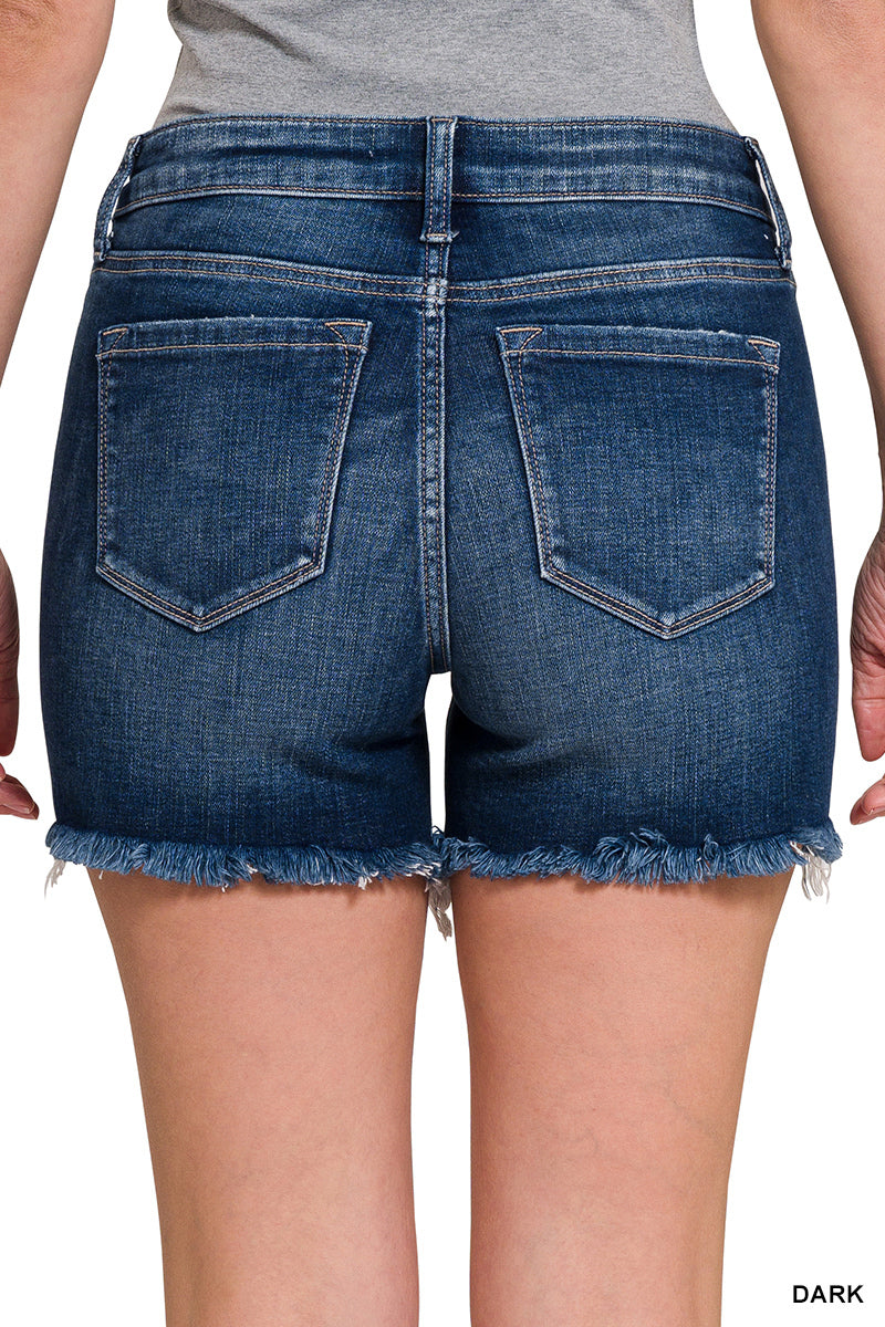 Zenana 4.5 Inch Inseam Mid-Rise Dark Wash Frayed Shorts