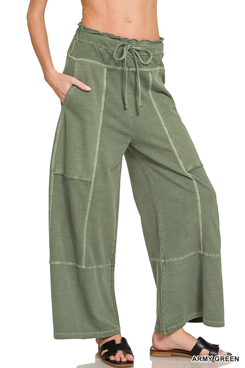 Zenana Washed French Terry Exposed Seam Wide Pants