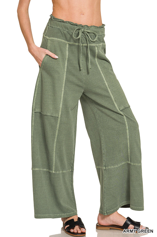 Zenana Washed French Terry Exposed Seam Wide Pants