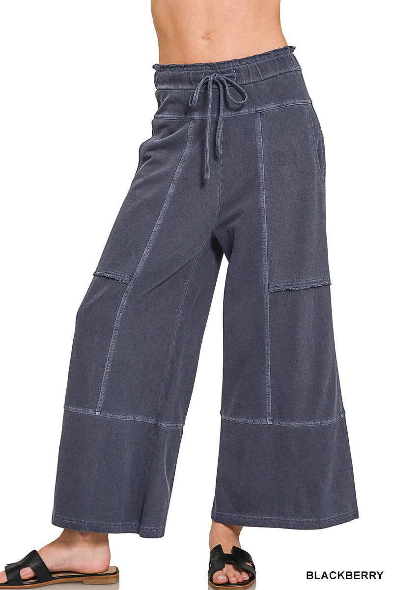Zenana Washed French Terry Exposed Seam Wide Pants