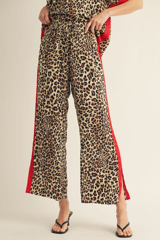Leopard Print Red Stripe Side Spilt Bottoms