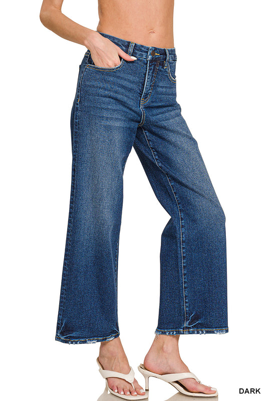 Zenana Dark Cropped Wide Scuffed Hem Jeans